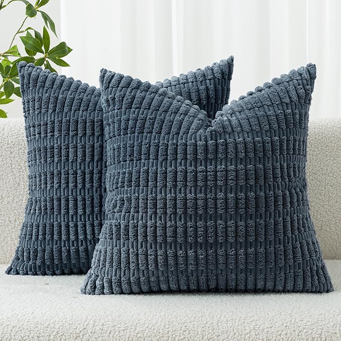 MIULEE Pack of 2 Corduroy Decorative Euro Sham Throw Pillow Covers 24x24 Inch Soft Boho Striped Pillow Covers Modern Farmhouse Home Decor for Summer Coastal Sofa Living Room Couch Bed Blue by MIULEE