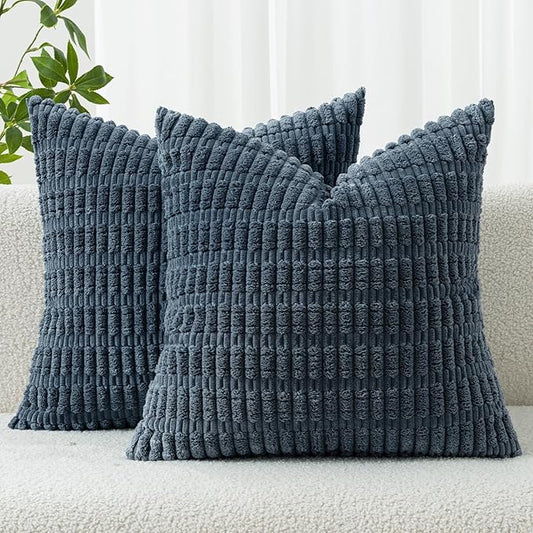 MIULEE Pack of 2 Corduroy Decorative Throw Pillow Covers 16x16 Inch Soft Boho Striped Pillow Covers Modern Farmhouse Home Decor for Summer Coastal Sofa Living Room Couch Bed Blue by MIULEE