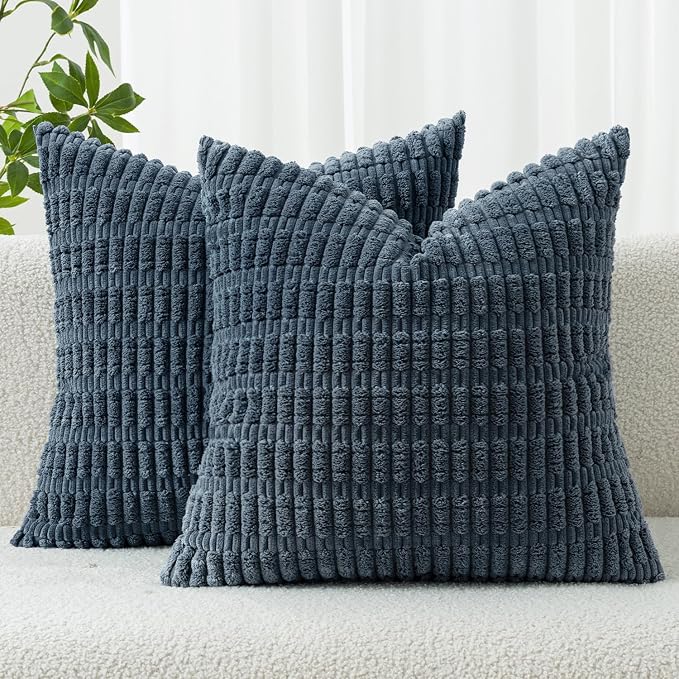 MIULEE Pack of 2 Corduroy Decorative Throw Pillow Covers 18x18 Inch Soft Boho Striped Pillow Covers Modern Farmhouse Home Decor for Summer Coastal Sofa Living Room Couch Bed Blue by MIULEE