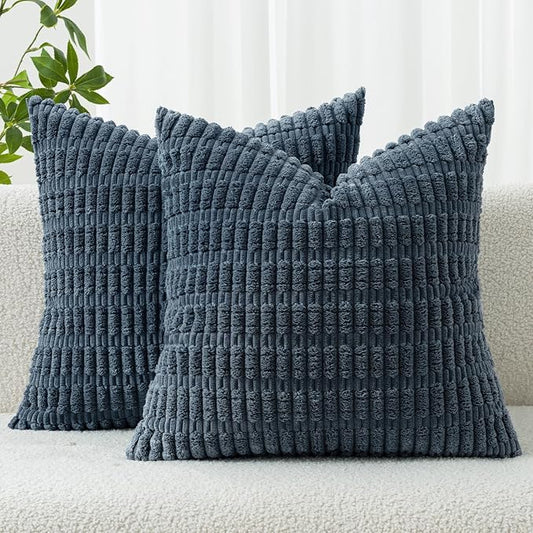 MIULEE Pack of 2 Corduroy Decorative Throw Pillow Covers 18x18 Inch Soft Boho Striped Pillow Covers Modern Farmhouse Home Decor for Summer Coastal Sofa Living Room Couch Bed Blue by MIULEE