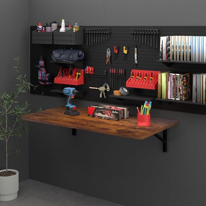 IAE 36x22in Floating Fold Desk,Wall-Mounted Folding Computer Table,Rustic | Study Table with Shelf Brackets,Foldable Down Shelf with Engineered Wood,Fold Computer Desk for Small Apartment,Holds 502 lb - Image 6