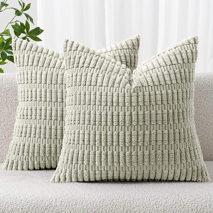 MIULEE Pack of 2 Spring Corduroy Decorative Throw Pillow Covers 18x18 Inch Soft Boho Striped Pillow Covers Modern Farmhouse Home Decor for Summer Sofa Living Room Couch Bed Light Green by MIULEE
