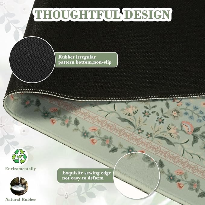 iCasso Aesthetic Floral Desk Mat,31.5x11.8in Mouse Pads,Light Green | Anti-Slip Mousepad with Stitched Edges, Waterproof Computer Pad, Desk Accessories Office Decor for Women - Image 4