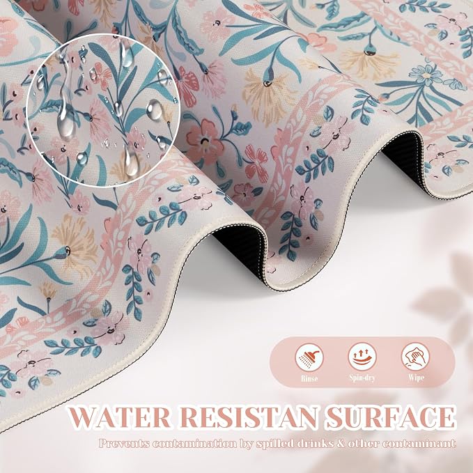 iCasso Aesthetic Mouse Pad for Office Decor,23.6x13.7in,Pink Floral | Desk Matt for Desktop,Anti-Slip Mousepad with Stitched Edges for Laptop Computer Keyboard,Smooth Water-Resistant - Image 5