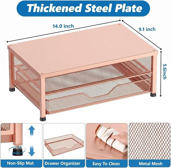 OPNICE Computer Monitor Stand Riser, Desk Organizer with Drawer, Printer & Laptop Stand, Office Desk Accessories & Workspace Desktop Organizers Storage for Office Supplies(Rose Gold) - Image 5