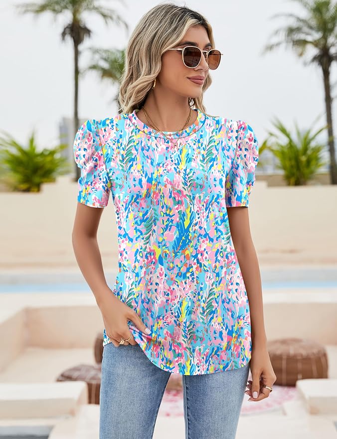 Ivicoer Puff Short Sleeve Shirt for Women Eyelet Tops Summer Crewneck Blouse Loose Fit S-XXL - Image 2
