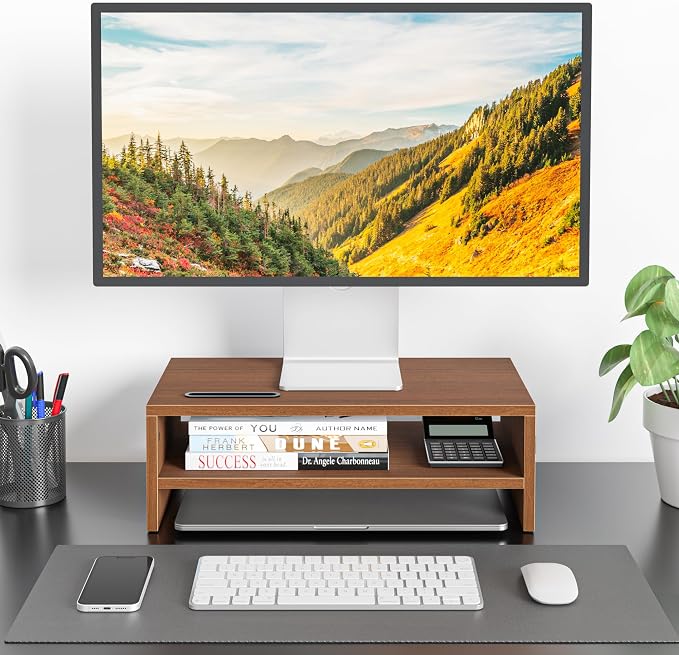 BONTEC Wooden Monitor Stand Riser, 2-Tier Desk Shelf with Storage Organizer, Ergonomic Computer Stand with Cable Management, Cellphone Holder, Walnut, 16.5 Inch - Image 2