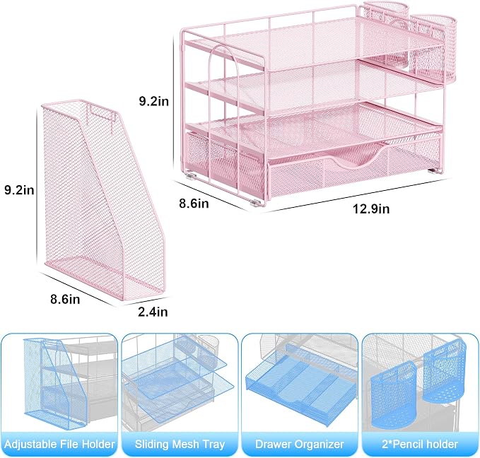 gianotter Desk Organizers and Accessories with File Holder, 4-Tier Desk Accessories & Workspace Organizers with Drawer and 2 Pen Holder, Paper Organizer for Office Supplies (Pink) - Image 5