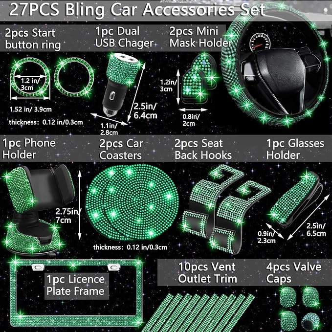 NBTEPEM 27 PCs Green Bling Car Accessories Set for Women, Steering Wheel Covers Universal Fit 15 Inch, Bling License Plate Frame, Bling Phone Holder, Bling Car Coasters (Green Diamond) - Image 2