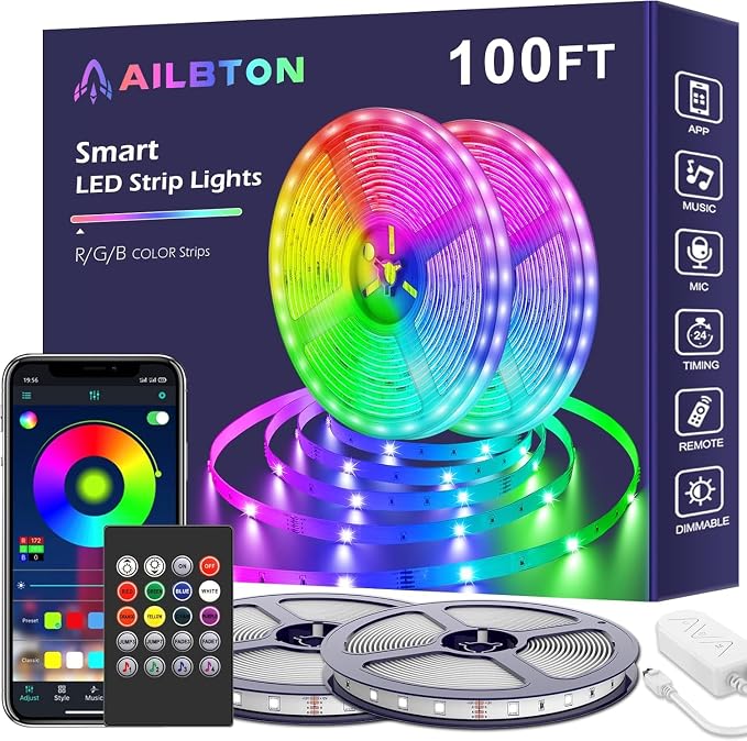 AILBTON Led Lights for Bedroom,100ft Led Light Strip Music Sync RGB Led Strip Lights Built-in Mic,Bluetooth App Control Led Room Lights with Remote,5050 RGB Rope Light by AILBTON