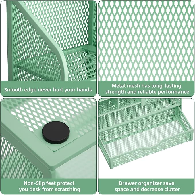 Marbrasse Mesh Pen Holder for Desk, Multi-Functional Pencil Organizer with Drawer, Desk Organizers and Accessories for Office Art Supplies (Green) - Image 6