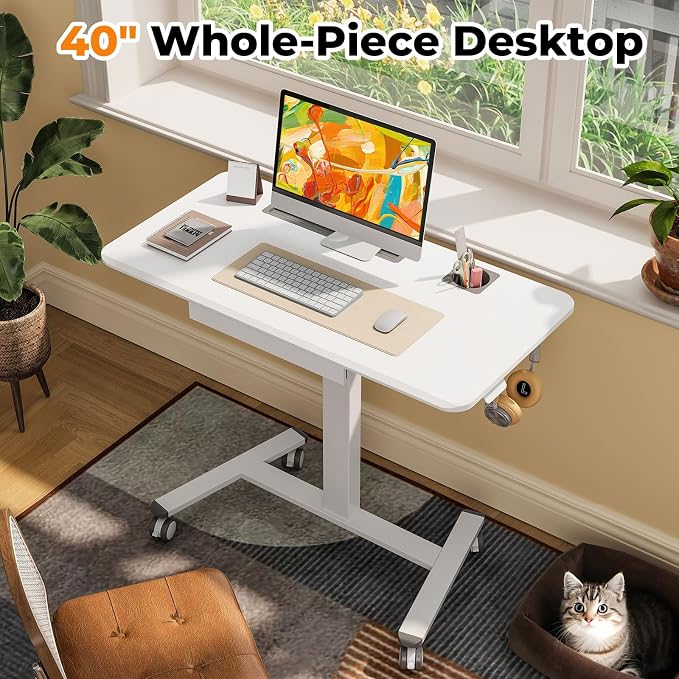 40"×20" Mobile Desk with Drawer, Rolling Desk with Storage | Height Adjustable Portable Laptop Desk on Wheels, Small Computer Desk with Cup Holder and Hooks for Study & Work, White - Image 7