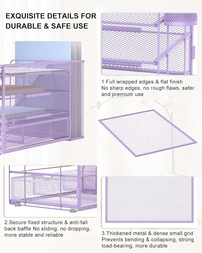 WALI Desk File Organizer, 4 Tier Desktop Paper Letter Tray Organizer with Drawer and 2 Pen Holders, Office Desk Accessories & Workspace Organizers for Office, Home Supplies(DO005DH-V), 1 Pack, Purple - Image 5