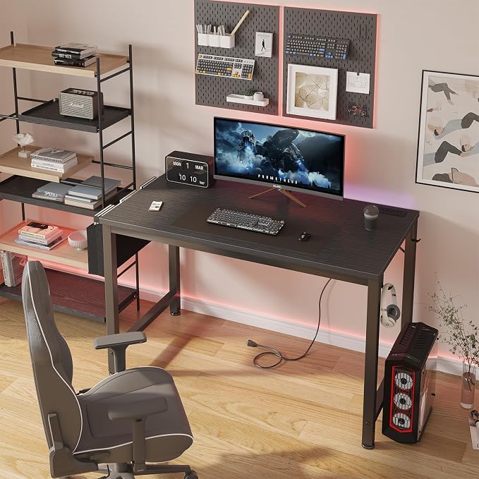 Lufeiya Gaming Desk with Power Outlet, 47 inch Teen Study Table Home Office Work Writing Computer Desks with Charging Station Outlets Built in, Black - Image 2