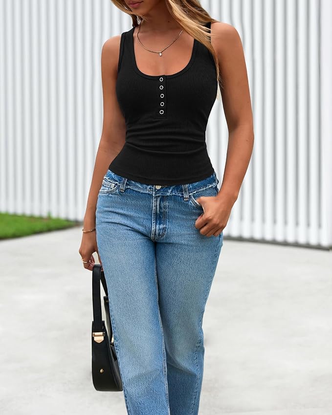 BTFBM Summer Tops for Women 2026 Scoop Neck Ribbed Henley Button Sleeveless Casual Spring Basic Tank Top Clothes Outfits - Image 6