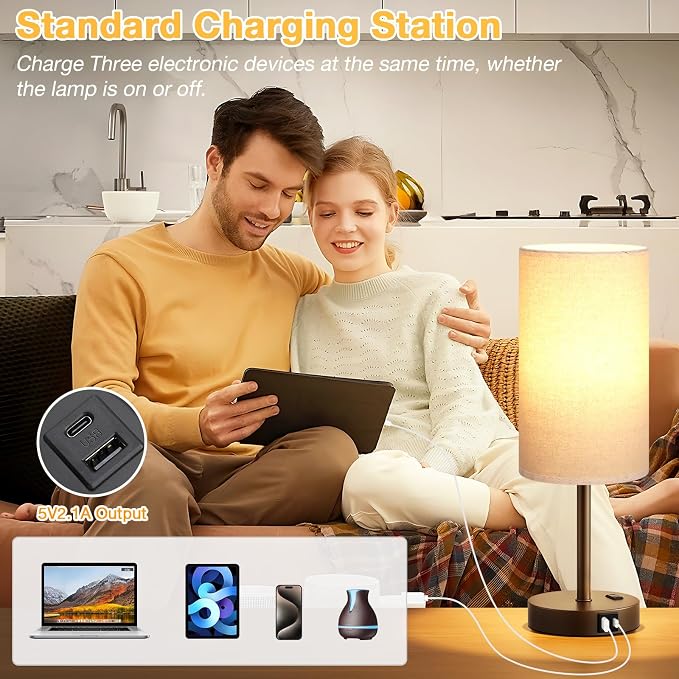 Dicoool 17.4" Bedside Lamp for Bedroom - Dimmable Touch, USB A+C, AC Outlet | LED Bulb Included, 3-Way Dimmable, 17.4" Table Lamp for Living Room, Dorm, Beige Fabric Lampshade, Brown Metal Base - Image 5