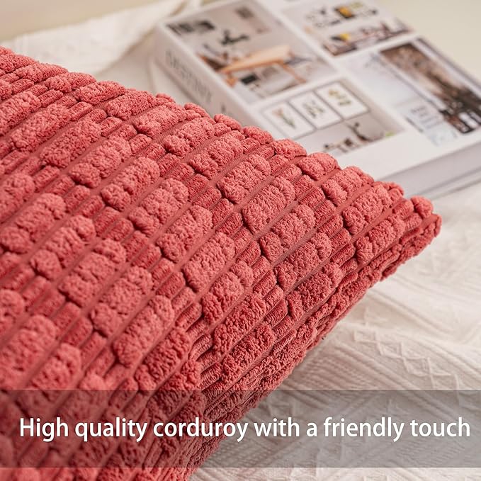 Aegero Pack of 2 Corduroy Decorative Throw Pillow Covers 24x24 Inch Soft Striped Pillow Covers Modern Farmhouse Home Decor for Sofa Living Room Couch Bed（Cranberry Red） - Image 2