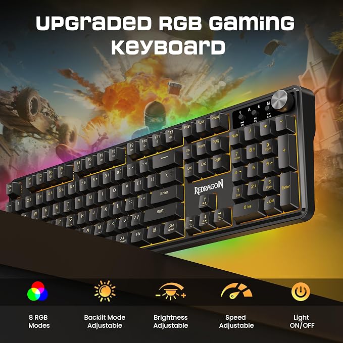 Redragon RM104 Wireless Gaming Keyboard with Knob, Tri-Mode BT/2.4G/USB-C RGB Computer Keyboards, 4000mAh Battery, Programmable Software Support, Anti-Ghosting, Compatible with PC Mac - Image 7