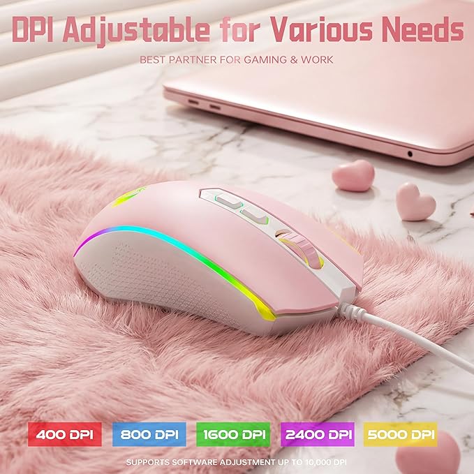 Redragon Updated S107WP Gaming Keyboard and Mouse, RGB Gaming Keyboard and 10000 DPI Mouse Combo with 25-Key Anti-Ghosting, 1K Hz Programmable Mice with Software, Plug & Play to PC, Laptop - Pink - Image 5