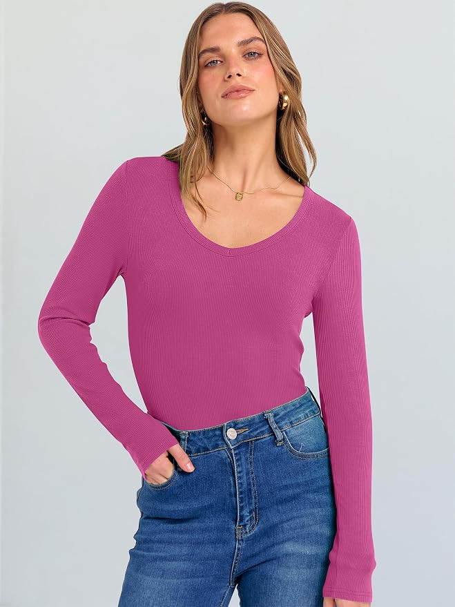ANRABESS Long Sleeve V Neck Shirts for Women | Soft Comfy Ribbed Knit Fitted Tshirts, Casual Going Out Tops, 2026 Trendy Basic, Fall Winter Underscrub Layering Clothes - Image 2