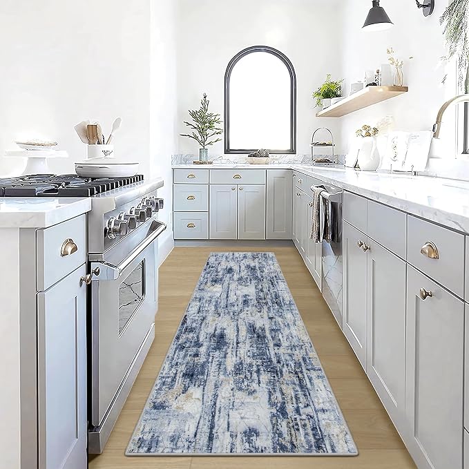2'6''x8' Runner Rugs Washable Rug: Modern Abstract Hallway Runner Rug Indoor Soft Low Pile Thin Carpet Anti-Skid Non-Shedding Carpets for Kitchen, Entryway, Laundry, Bedroom - Blue Gold by GENTDRIZZ