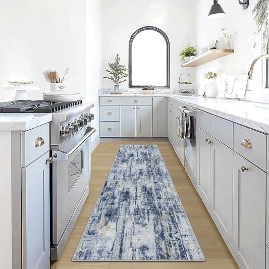 2'6''x8' Runner Rugs Washable Rug: Modern Abstract Hallway Runner Rug Indoor Soft Low Pile Thin Carpet Anti-Skid Non-Shedding Carpets for Kitchen, Entryway, Laundry, Bedroom - Blue Gold by GENTDRIZZ