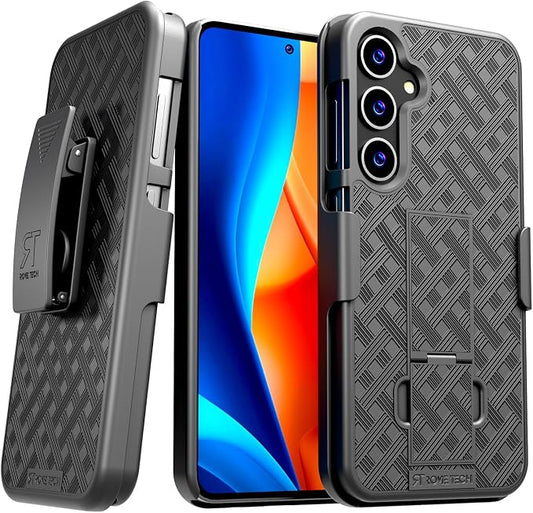 Designed for Samsung Galaxy S24 Case with Belt Clip Holster | Rugged Holster & Protective Phone Case Combo with Anti-Slip Texture - Black by RomeTech