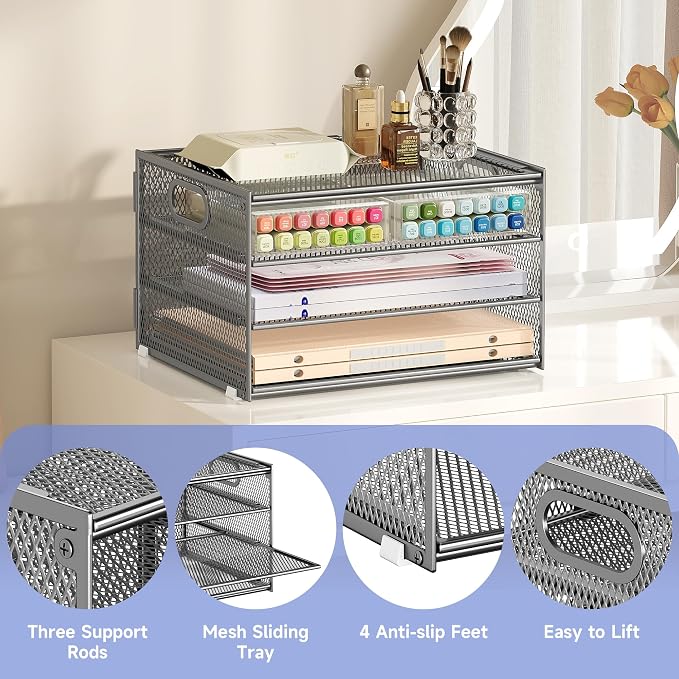Subekyu Paper Letter Tray Organizer for Desk, Silver Metal Mesh Desk File Folder Sorter Organizer with Handle for Home Office School Supplies Organization - Image 4
