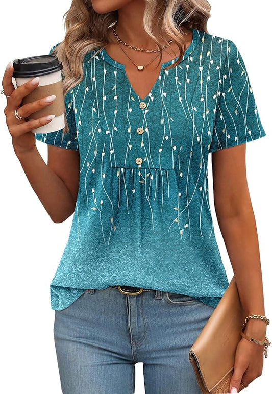 Zeagoo Womens Short Sleeve Tops Summer Henley V-Neck Tshirts Casual Pleated Blouse Dressy Loose Floral Basic Tee by Zeagoo
