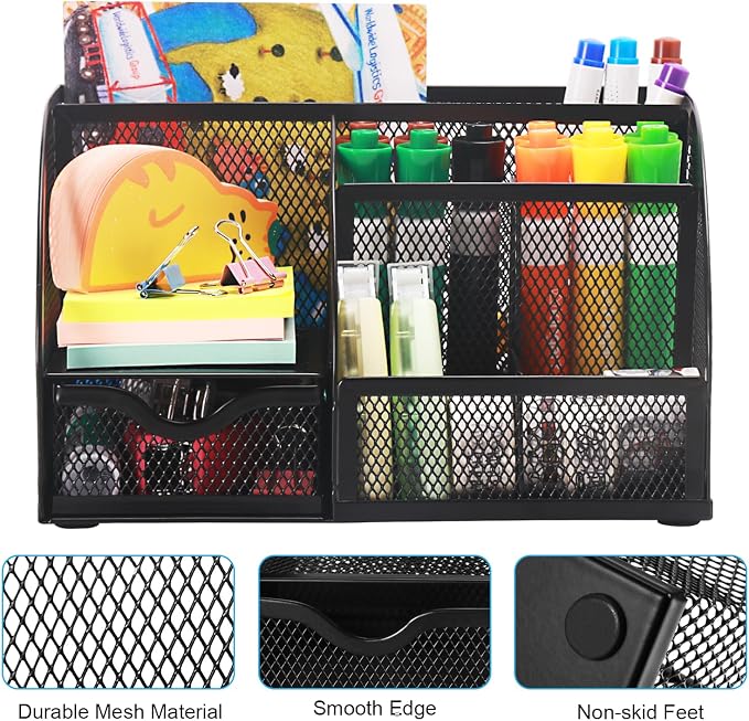 Comix Mesh Pen Pencil Holder Desk Organizer, 7 Compartment Wire Desktop Pen Pencil Cup Caddy Office Supplies for Home Office School, Black - Image 3