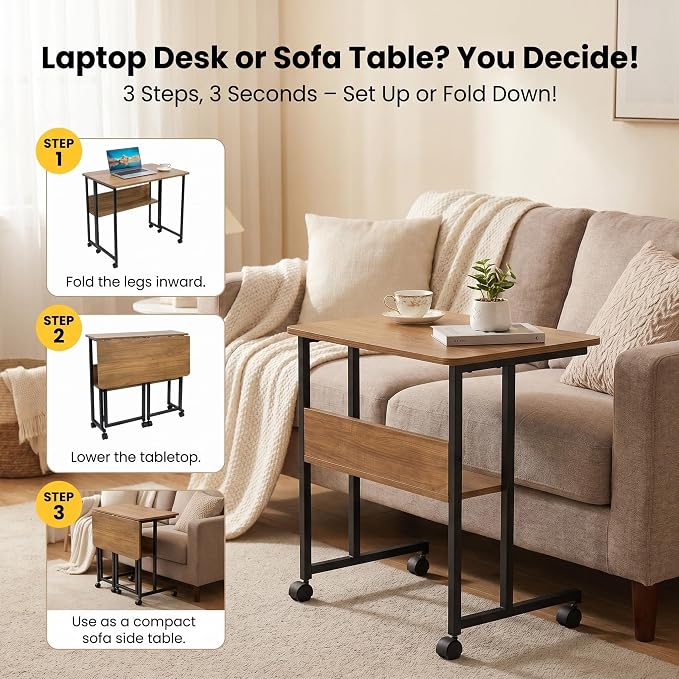 Mobile Foldable Computer Desk with Lockable Wheels & Fixed Foot Pads,Space Saving Folding Writing Gaming Table with Storage Shelf,Laptop Desk for Bedroom Small Apartment Office - Image 4