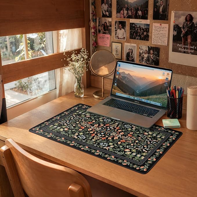 iCasso Aesthetic Mouse Pad,23.6x13.7in Desk Pad, Black Flower | Vintage Desk Matt for Desktop, Anti-Slip Mousepad with Stitched Edges for Laptop Computer Keyboard - Image 9