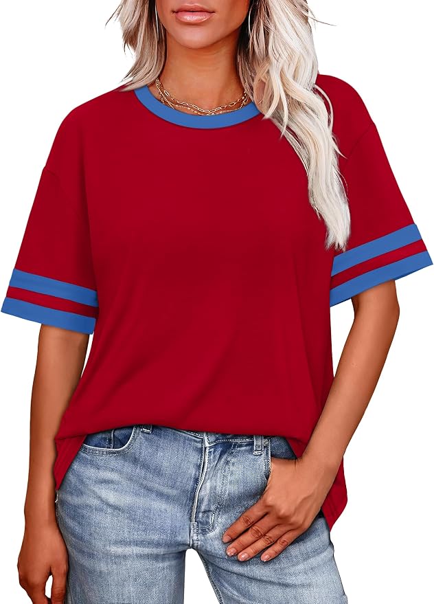 WIHOLL Womens T Shirts Loose Fit Short Sleeve Tees Crew Neck Color Block Summer Tops 2026 Fashion - Image 2