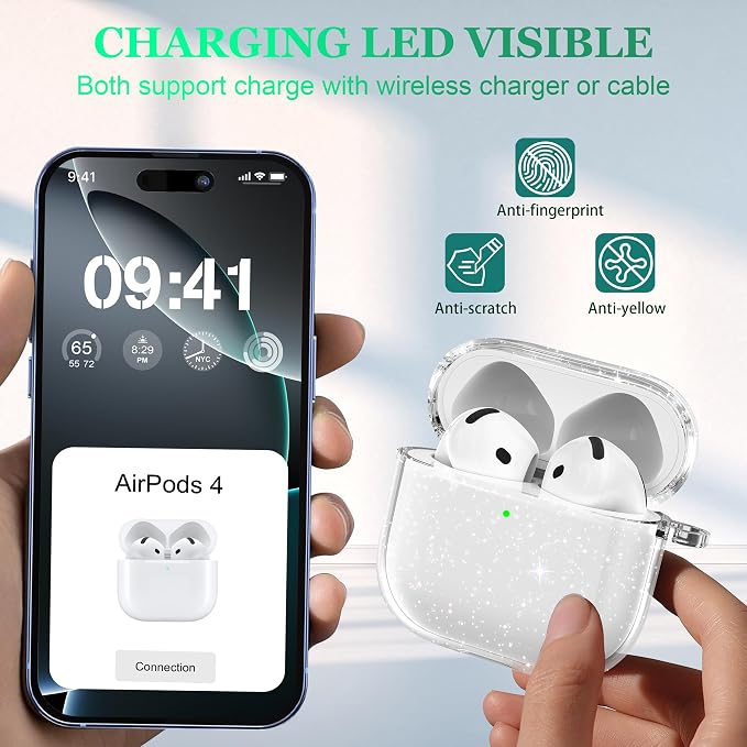 for AirPods 4th Generation Case Cover 2024, Military-Grade Shockproof, Soft TPU Highly Transparent Anti-Yellowing for AirPods 4 Case with Cleaning Kit & Cute Round Buckle, Gitter - Image 3