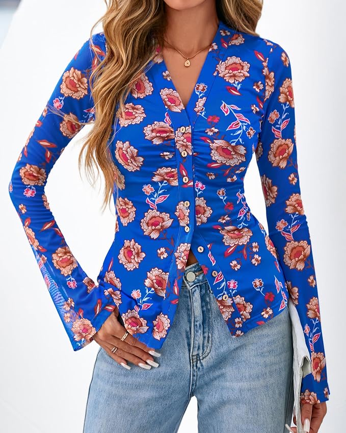 BTFBM Button Down Shirts for Women 2026 Fall Boho Tops V Neck Long Sleeve Blouses Ruched Mesh Fitted Fashion Clothing - Image 4