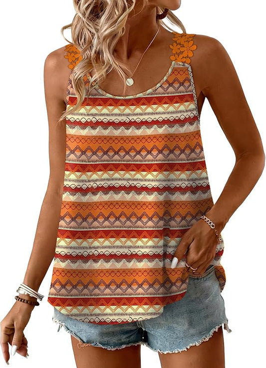 OFEEFAN Tank Top for Women Loose Fit Crew Neck Sleeveless Shirts Strap Lace Camisole Chiffon Summer Tops Curved Hem by OFEEFAN