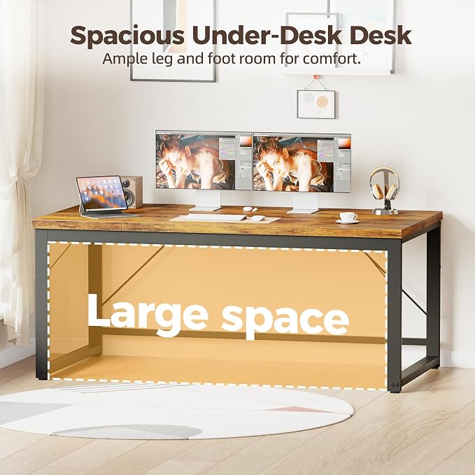 Mericonia 63x28 Inch Computer Desk, 1" Thick Large Office Table, Brown | Modern Simple Style, Heavy Duty Industrial Frame, Large Study & Writing Table for Home Bedroom Work - Image 6