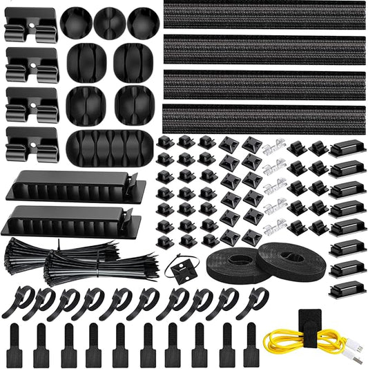 [313Pcs] Cable Management Kit, 67 Adhesive Cable Clips, Topavatop Desk Cord Organizer, 22 Reusable Cable Strap, 4 Cable Sleeve Split, 200 Nylon Cable Zip Ties with 20 Mounts for TV Office Home, Black by Topavatop