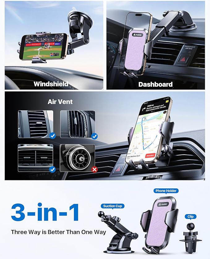 andobil Car Phone Holder, 2026 Military-Grade 89bs Strongest Suction Phone Holders for Your Car Dashboard/Windshield/Vent Easy Clamp Cellphone Holder Truck Stand for iPhone 17 16 15 Pro Max, Purple - Image 6