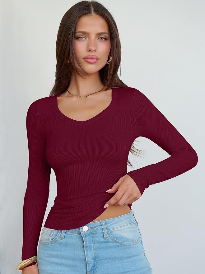 ANRABESS Long Sleeve V Neck Shirts for Women | Soft Comfy Ribbed Knit Fitted Tshirts, Casual Going Out Tops, 2026 Trendy Basic, Fall Winter Underscrub Layering Clothes - Image 6
