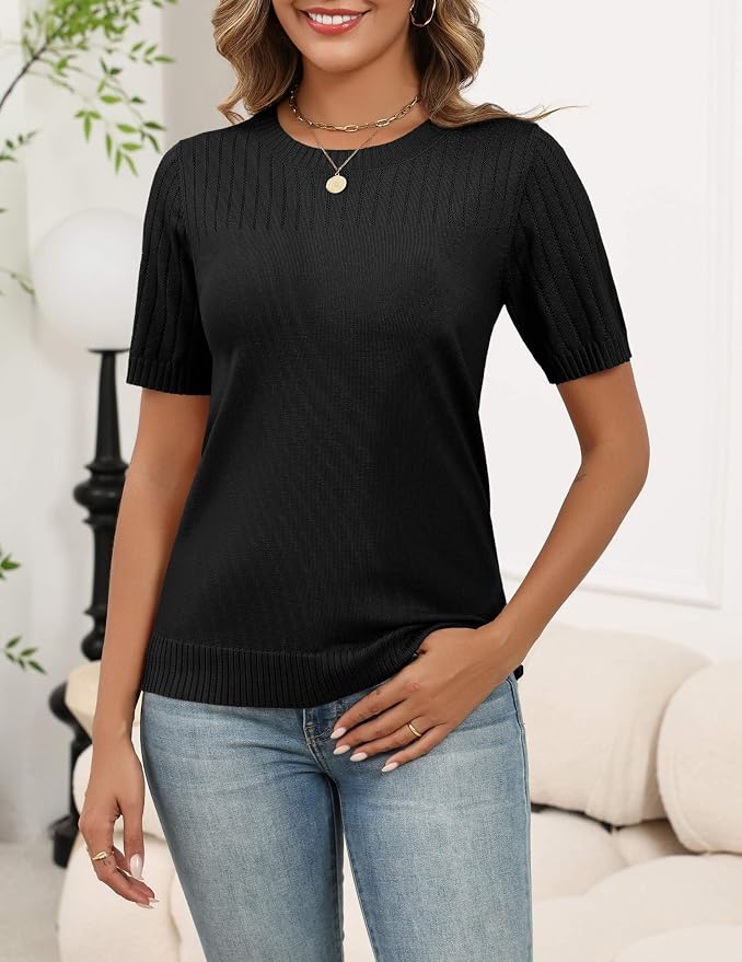 Zeagoo Women's Short Sleeve Sweater Tops 2026 Spring Summer Crew Neck Hollow Out Blouses Dressy Business Casual Outfits - Image 2