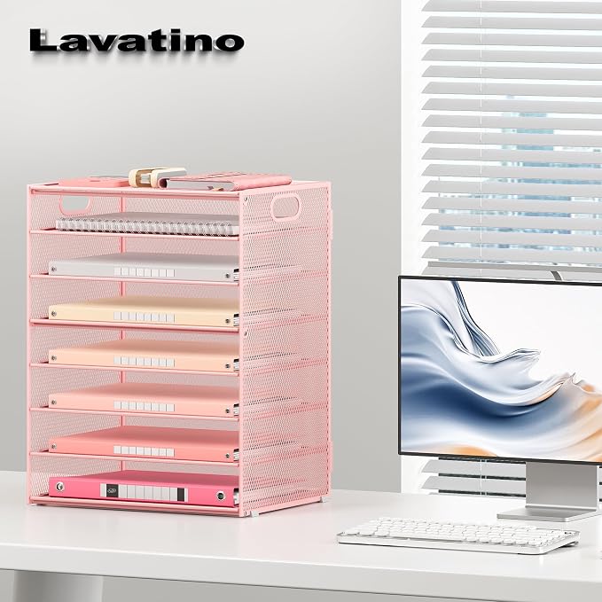 Lavatino 8-Tier Letter Tray Desk Paper Organizer, Mesh File Sorter Tray Organizer for Desk Office Supplies & Home Organization, Fits A4 Paper, Mail, Magazines and Office Accessories (Pink with Handle) - Image 4