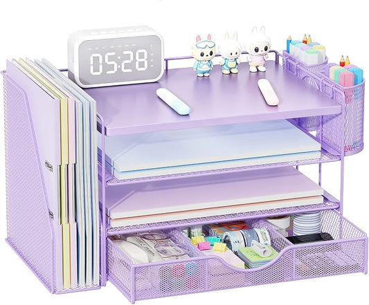 gianotter Wood Desk Organizers and Accessories with File Holder, 4-Tier Desk Accessories & Workspace Organizers with Drawer and 2 Pen Holder, Desk Reference Organizer (Purple, 4T with Metal Drawer) by gianotter