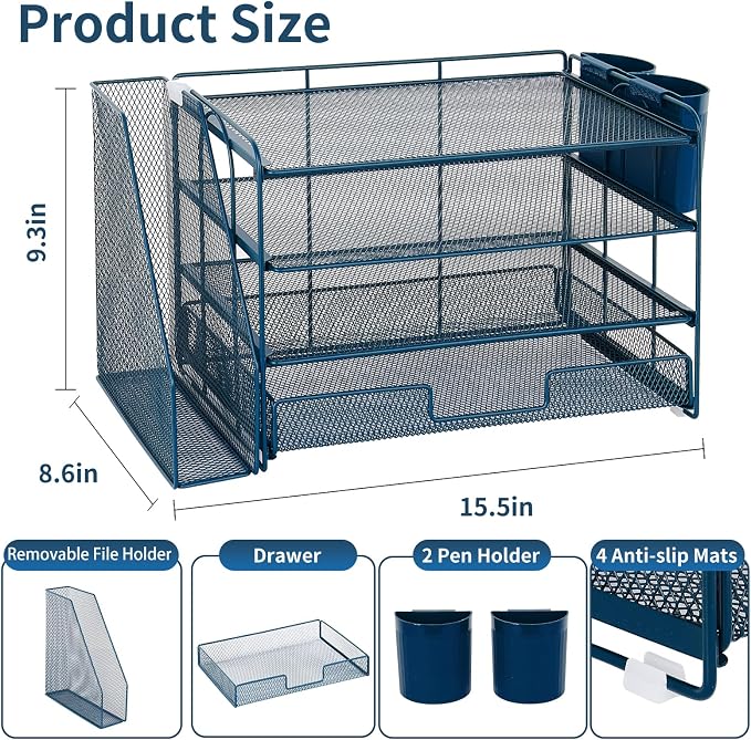 OPNICE Desk Organizer, 4-Tier Desktop File Organizer with Drawer and Pen Holders, Office Desk Accessories, File Sorters, Workspace Organizers for Office Supplies(Dark Blue) - Image 3