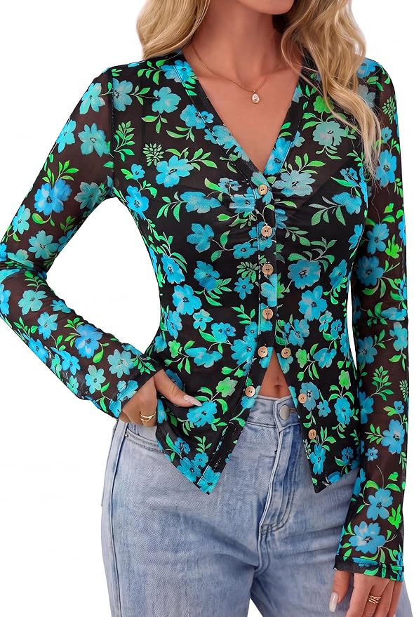 BTFBM Button Down Shirts for Women 2026 Fall Boho Tops V Neck Long Sleeve Blouses Ruched Mesh Fitted Fashion Clothing - Image 6