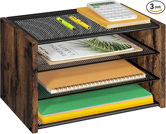 DAOUTIME 3-Tier Paper Letter Tray, Wooden Desk File Organizer, Stackable Metal Mesh Desk Organizer for Office Supplies. Small Paper Trays for Home Office School, Rustic Brown by DAOUTIME