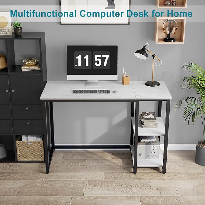 SINPAID Computer Desk 40 inches with 2-Tier Shelves Sturdy Home Office Desks with Large Storage Space Modern Gaming Desk Study Writing Laptop Table, Black Marbling (White Marble, 40 inch) - Image 2
