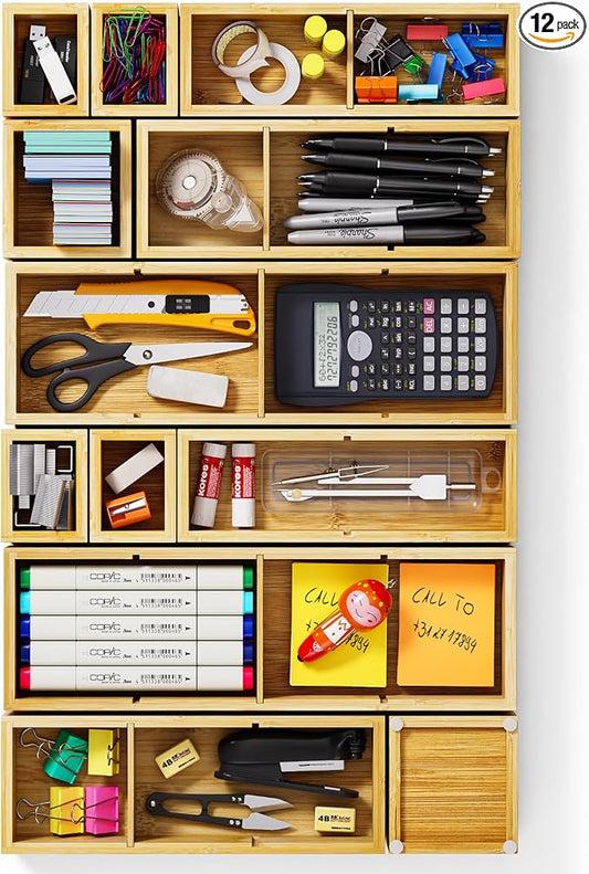 12-Piece Bamboo Desk Drawer Organizer Set – Adjustable Storage Boxes with 24 Compartments, Non-Slip, Modular Design for Office, Jewelry, Vanity, and Kitchen Utensil Drawer Storage by VA1KENE