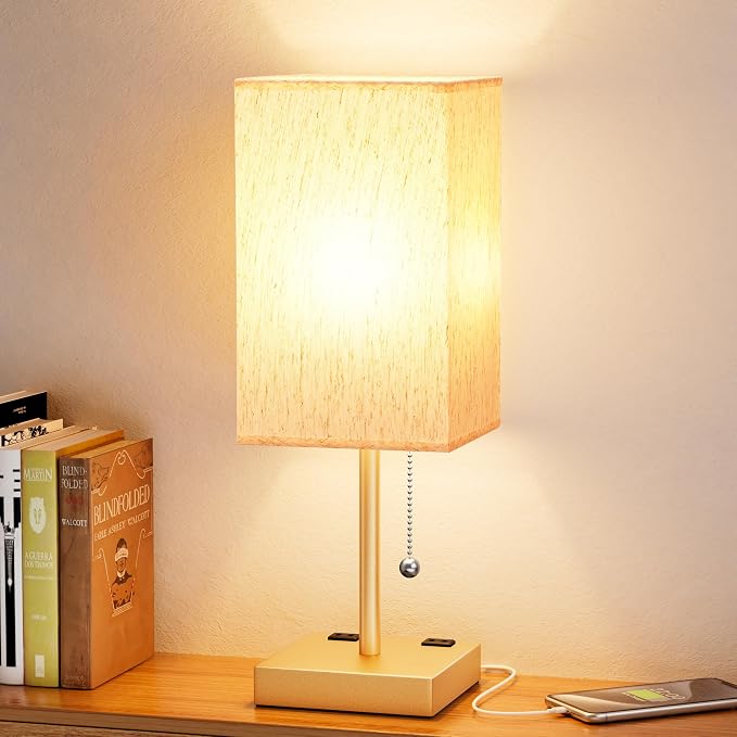 Gold Bedside Lamp for Bedroom - 3 Color Temperatures, USB A+C, 2 AC Outlets | Pull Chain Switch, LED Bulb Included, Cream Fabric Shade, 17.4" Table Lamp for Nightstand, Desk, Living Room, Office - Image 6