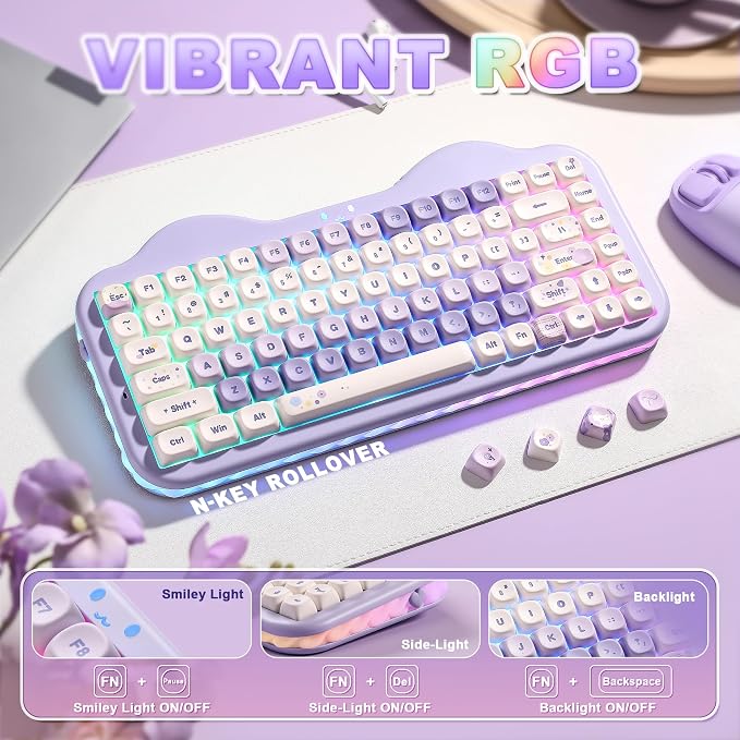 YUNZII C75 Cute 75% Wireless Mechanical Keyboard (Purple, Candy Switch) | Creamy Cake Keyboard, BT5.0/2.4G/USB-C, Hot-Swap, NKRO, PBT MOA Keycaps,5500mAh RGB Gasket Mount for Mac/Win/Gaming/Office - Image 7